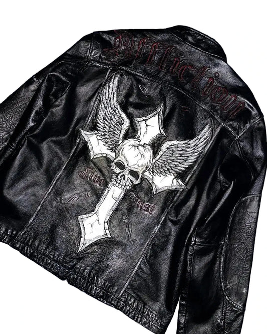 Affliction Skull Embroidered PU Leather Jacket Street Hip Hop Long Sleeve - Man
