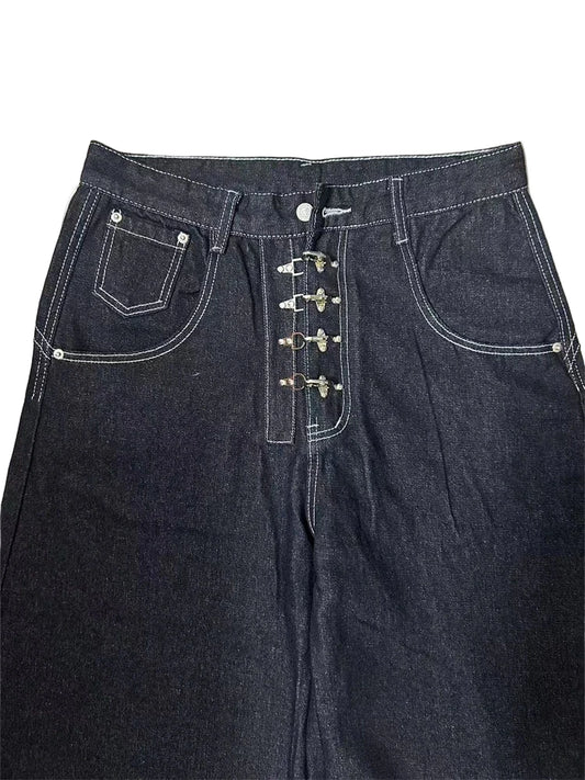 Women’s Metal Buckle Design Curved Wide-leg Jeans High Waist Straight Pant