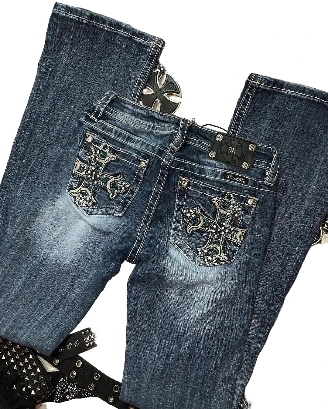 Y2k Retro Gothic High Waited Jeans Hot Diamond Embroidery Pattern Blue Jeans
