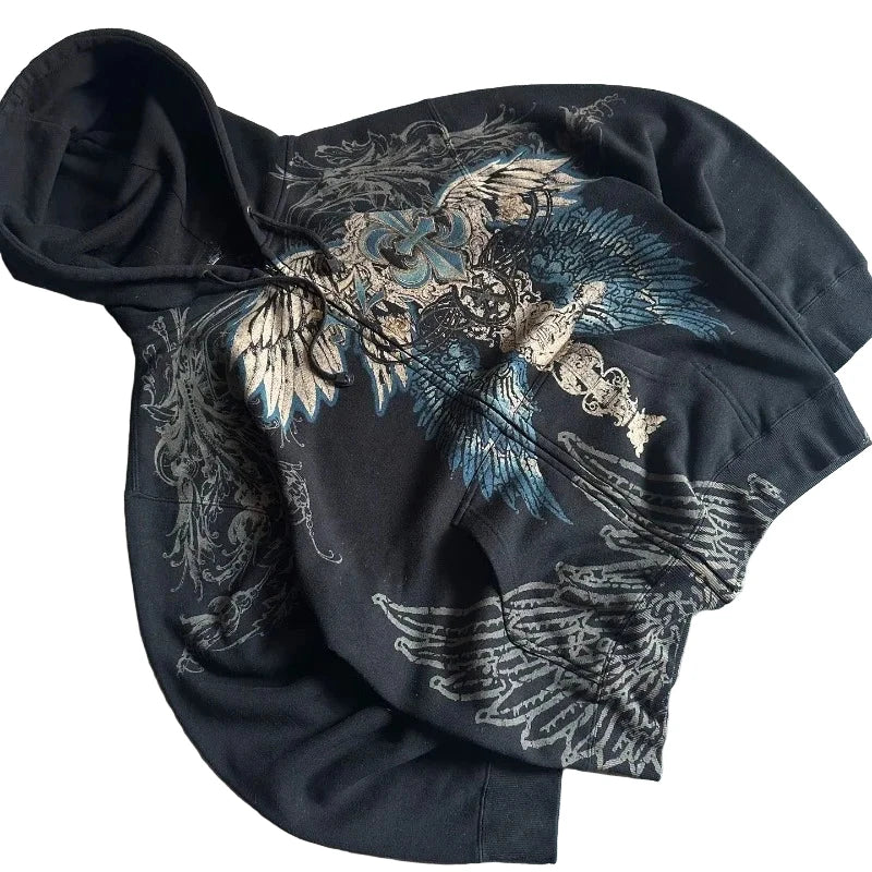 Harajuku Watermark Pattern Hoodie – Women’s Y2K Gothic Hip-Hop Loose Sweatshirt