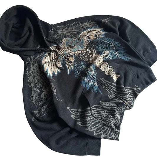 Harajuku Watermark Pattern Hoodie – Women’s Y2K Gothic Hip-Hop Loose Sweatshirt