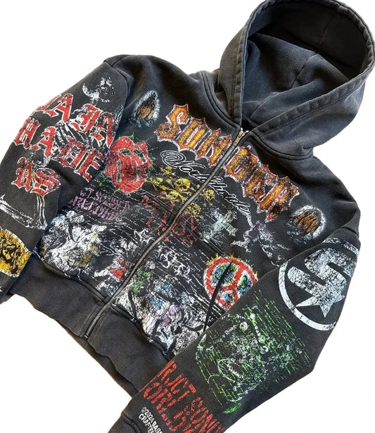 American Retro Skull Zip Hoodie – Gothic Punk Y2K Oversized Streetwear Jacket.