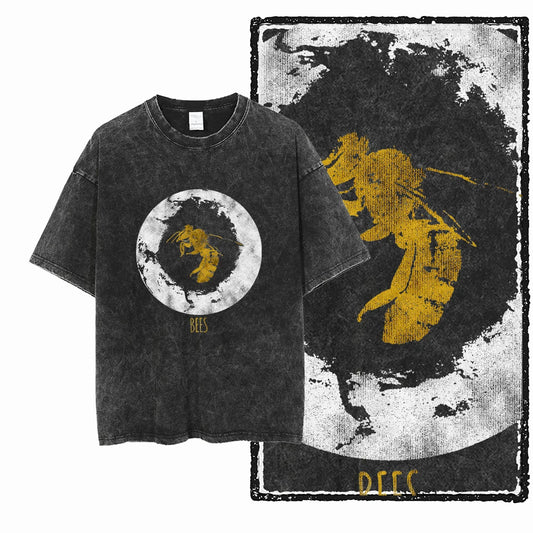 DE BEES Acid-Washed Graphic T-Shirt – Unisex Vintage Streetwear Tee