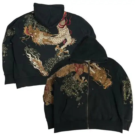 Streetwear Zip-Up Hoodie – Unisex Harajuku Cherry Blossom Dragon Graphic Sweatshirt