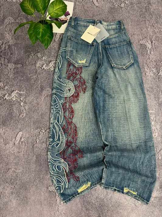 Y2K American Embroidered Baggy Jeans – Men’s Vintage High Street Wide-Leg Pants.