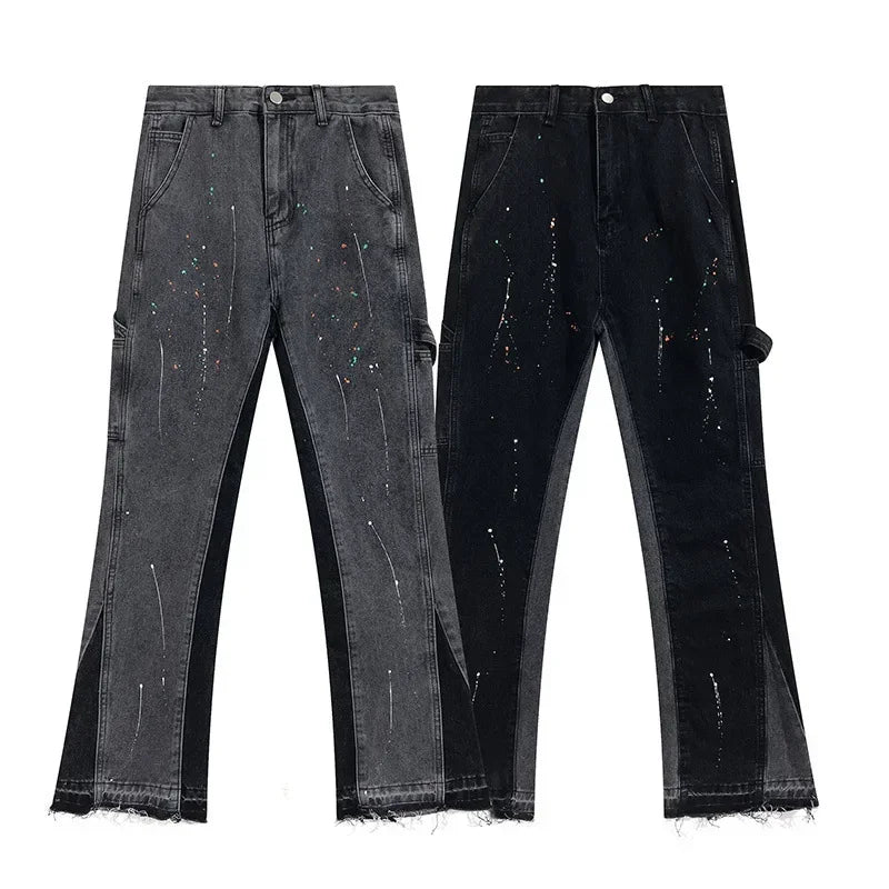 Retro Splicing Washed Jeans - Men’s Hip Hop High Street