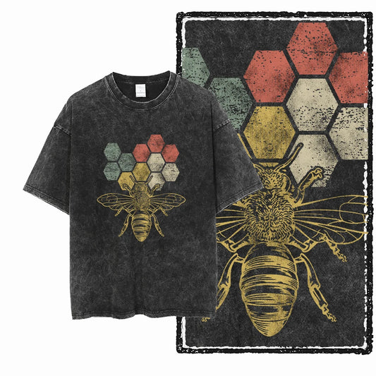 DE BEES Acid-Washed Graphic T-Shirt – Unisex Vintage Streetwear Tee