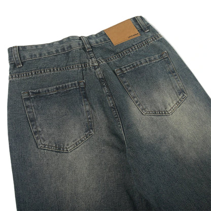 Korean Street Retro Washed Black Loose Straight Cat Whisker Y2K Wide-Leg Jeans - Man