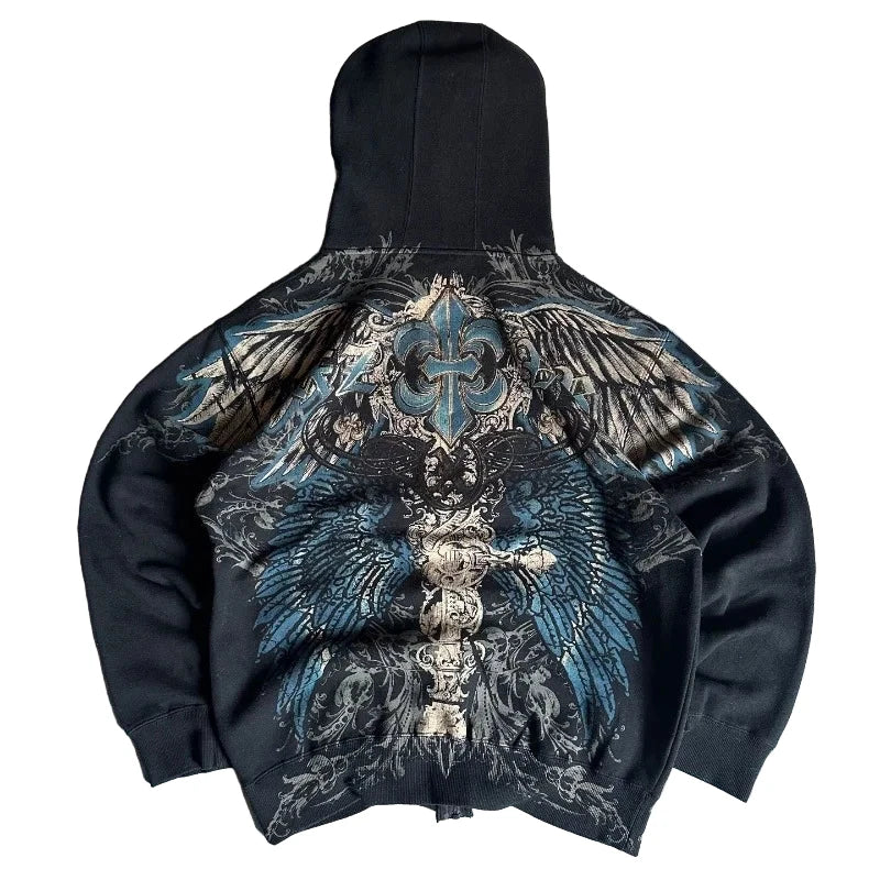 Harajuku Watermark Pattern Hoodie – Women’s Y2K Gothic Hip-Hop Loose Sweatshirt