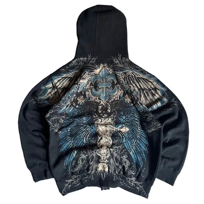 Harajuku Watermark Pattern Hoodie – Women’s Y2K Gothic Hip-Hop Loose Sweatshirt