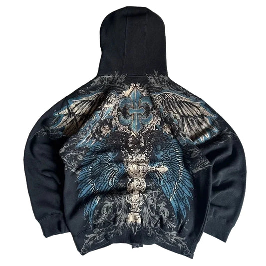 Harajuku Watermark Pattern Hoodie – Women’s Y2K Gothic Hip-Hop Loose Sweatshirt