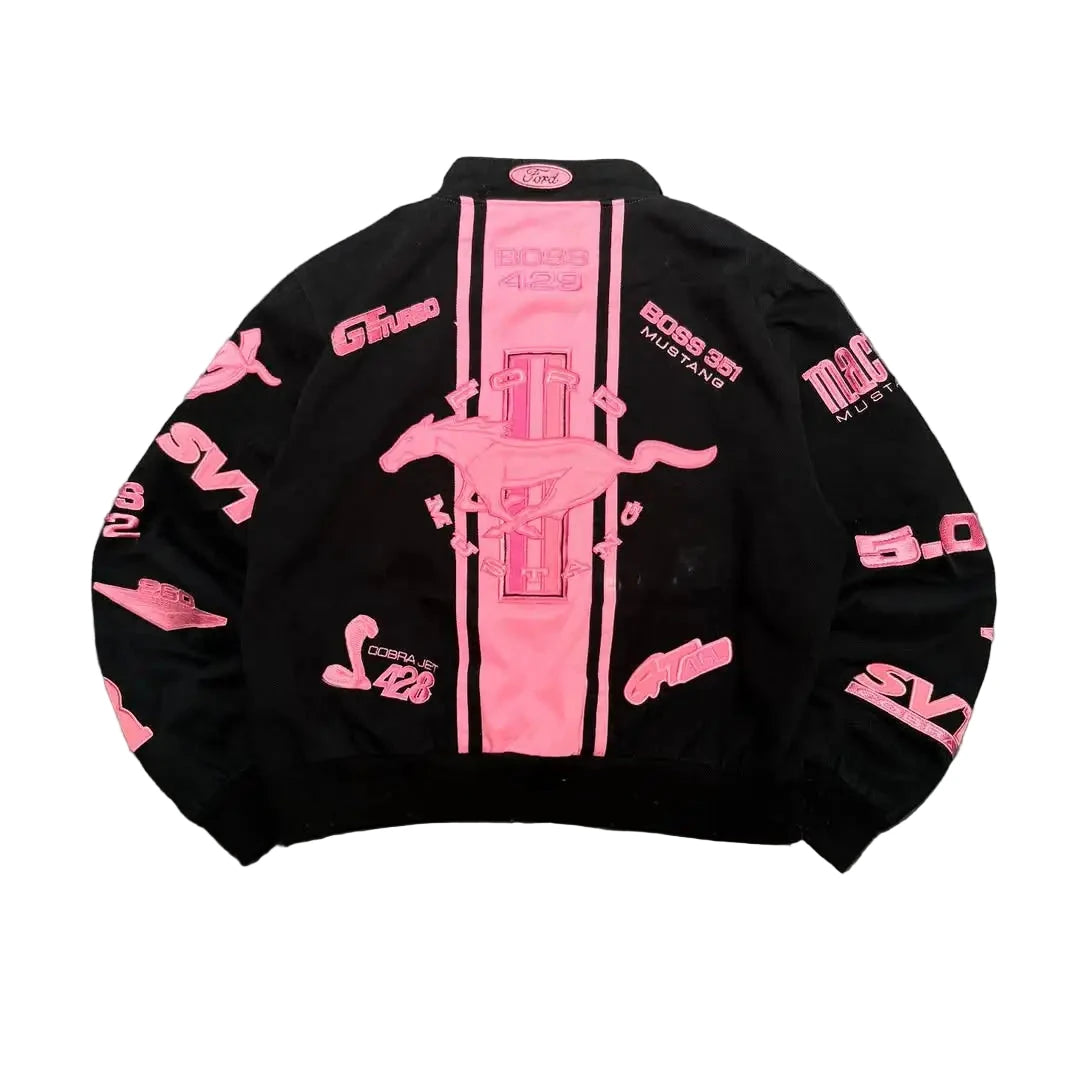 American Pink Horse Pattern Car Jacket for Women – Autumn Winter Harajuku Y2K Bomber