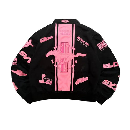American Pink Horse Pattern Car Jacket for Women – Autumn Winter Harajuku Y2K Bomber