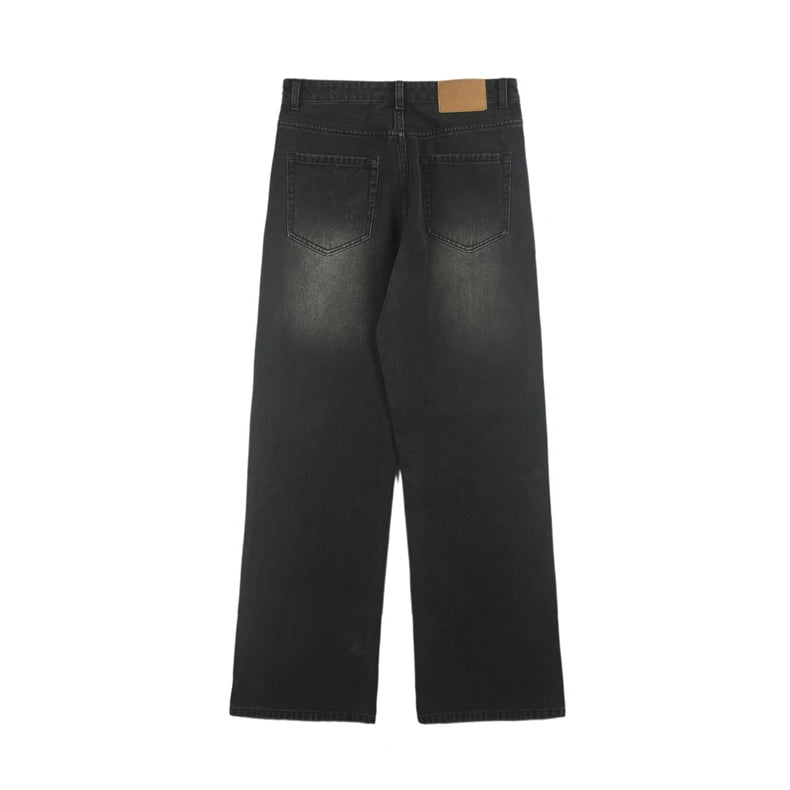 Korean Street Retro Washed Black Loose Straight Cat Whisker Y2K Wide-Leg Jeans - Man