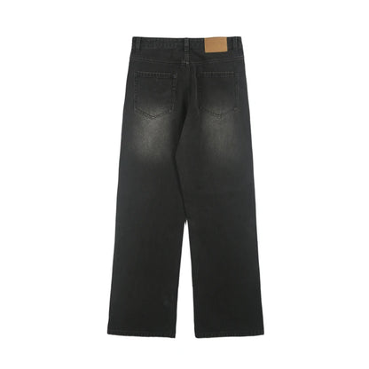 Korean Street Retro Washed Black Loose Straight Cat Whisker Y2K Wide-Leg Jeans - Man