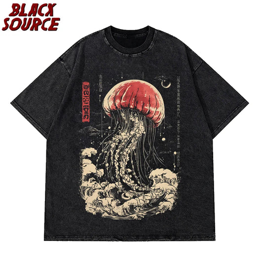Oversize Vintage Men’s Cotton T-Shirt with Jellyfish Print