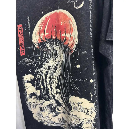 Oversize Vintage Men’s Cotton T-Shirt with Jellyfish Print