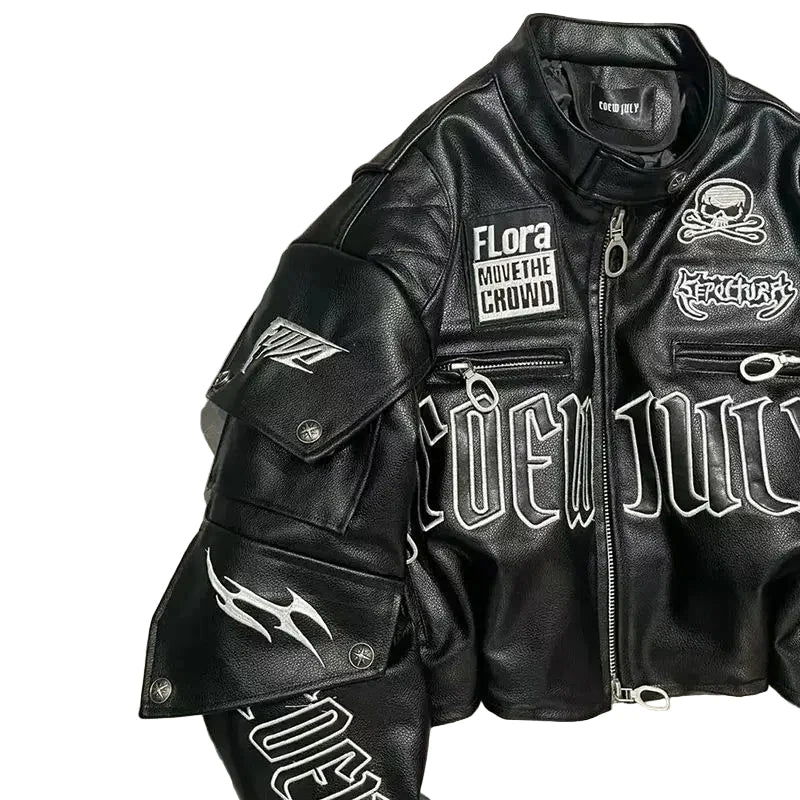 Skull Embroidered PU Leather Motorcycle Jacket – Women