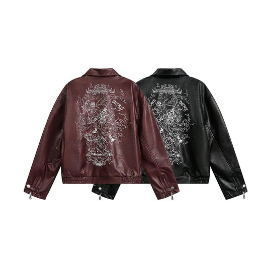 Niche Design PU Leather Jacket Lapel Letter Loose Coat - Man