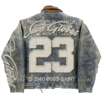 Streetwear Washed Denim Jacket Y2K Hip Hop Letter Graphic Patch Embroidery Oversized Casual Coat - Man