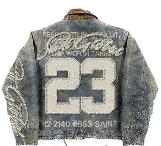Streetwear Washed Denim Jacket Y2K Hip Hop Letter Graphic Patch Embroidery Oversized Casual Coat - Man
