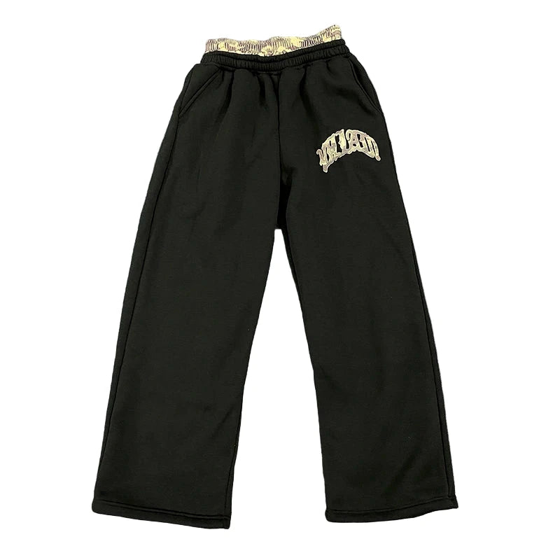Leopard Print Letter Embroidered Double Waistband Sweatpants