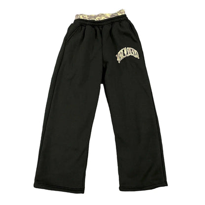 Leopard Print Letter Embroidered Double Waistband Sweatpants