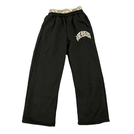 Leopard Print Letter Embroidered Double Waistband Sweatpants