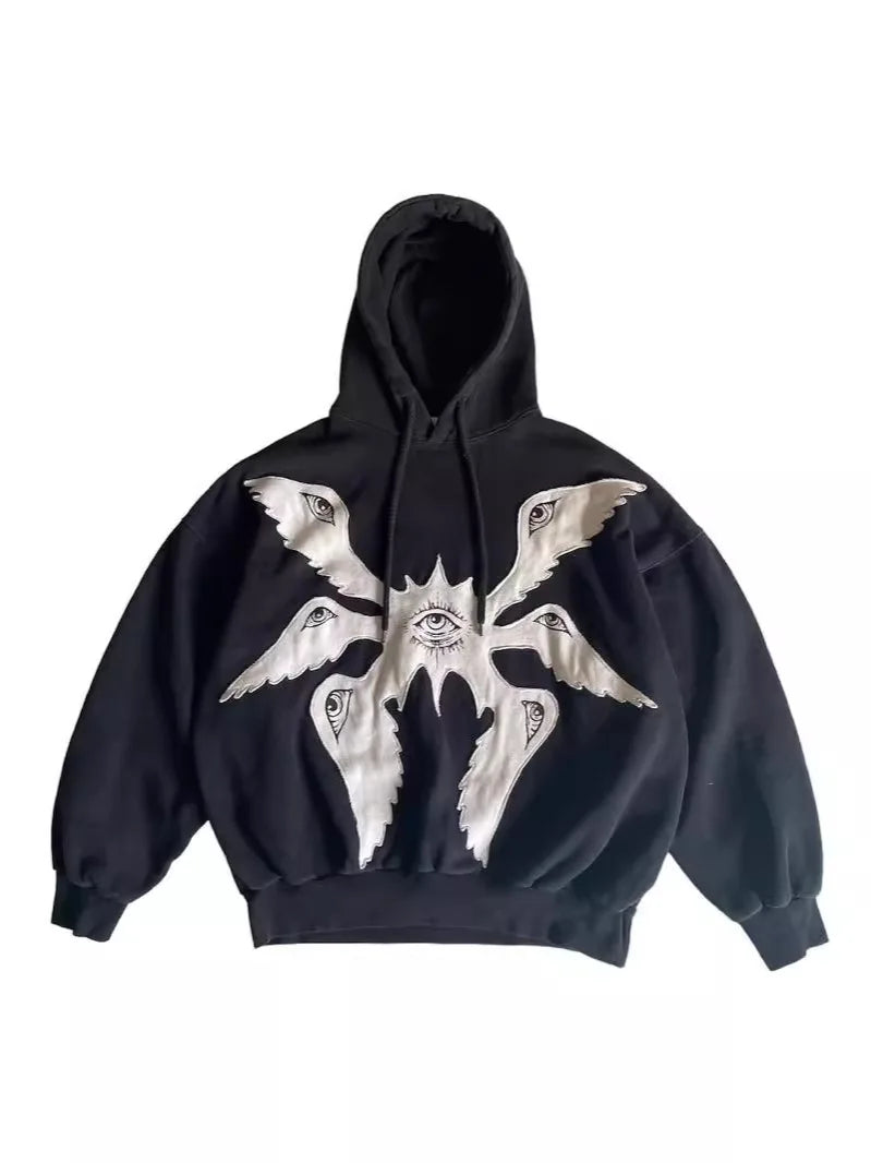 Gothic K Angel Patchwork Hoodie – Loose Fit Sweatshirt