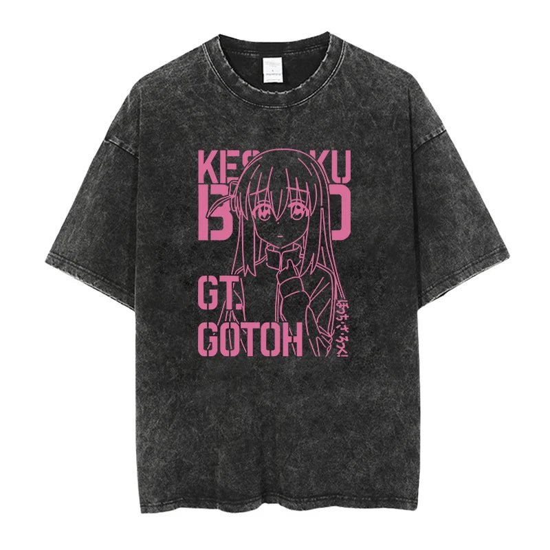 Men’s Oversized Bocchi Club Printed T-Shirt – Anime Music Band Washed Cotton Tee