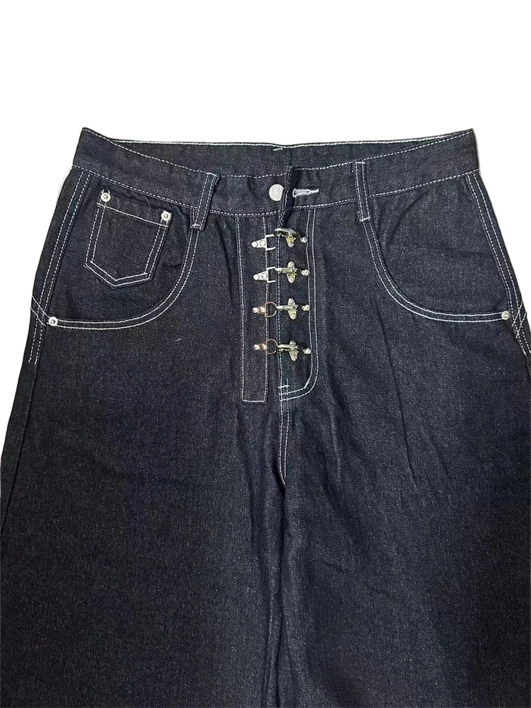 Women’s Metal Buckle Design Curved Wide-leg Jeans High Waist Straight Pant