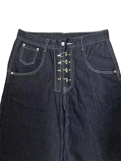 Women’s Metal Buckle Design Curved Wide-leg Jeans High Waist Straight Pant