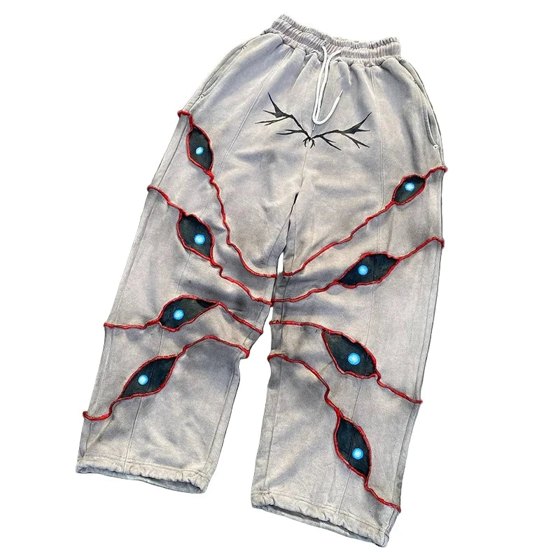 Street Spoof Dark Demon Eye Print Pants & Hoodie Set – Loose Warm Streetwear