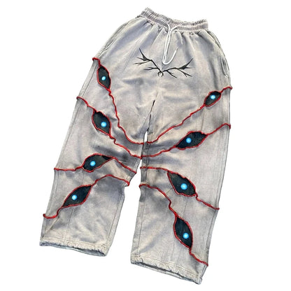 Street Spoof Dark Demon Eye Print Pants & Hoodie Set – Loose Warm Streetwear