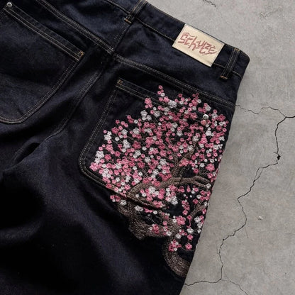 Harajuku Goth Vintage Plum Blossom Embroidered Wide Leg Jeans