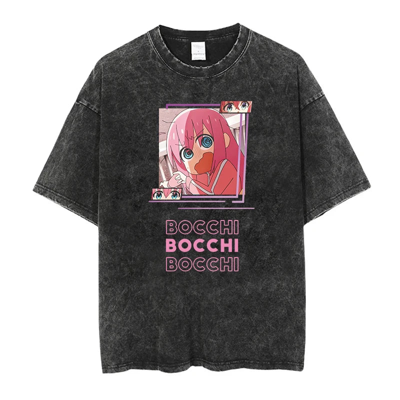 Men’s Oversized Bocchi Club Printed T-Shirt – Anime Music Band Washed Cotton Tee