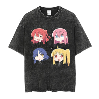 Men’s Oversized Bocchi Club Printed T-Shirt – Anime Music Band Washed Cotton Tee