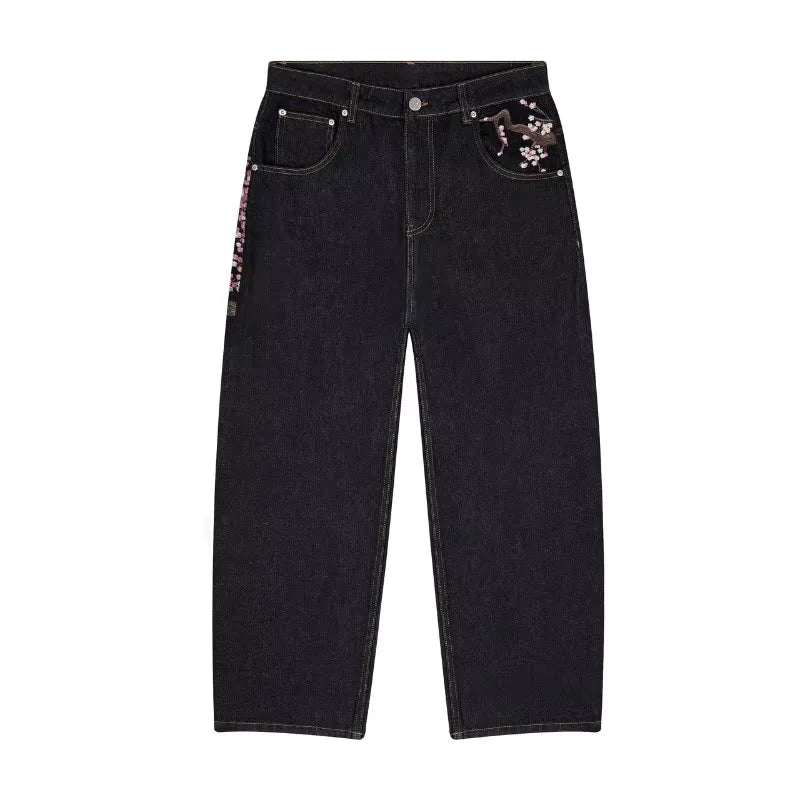 Harajuku Goth Vintage Plum Blossom Embroidered Wide Leg Jeans