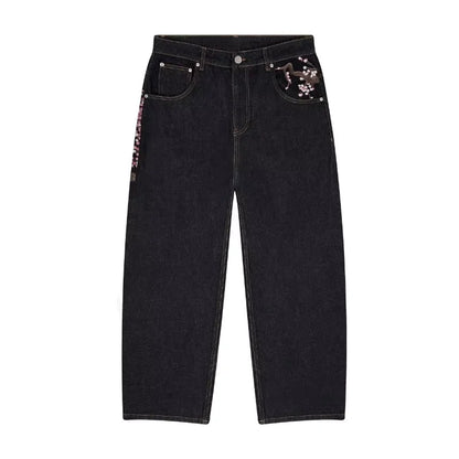 Harajuku Goth Vintage Plum Blossom Embroidered Wide Leg Jeans