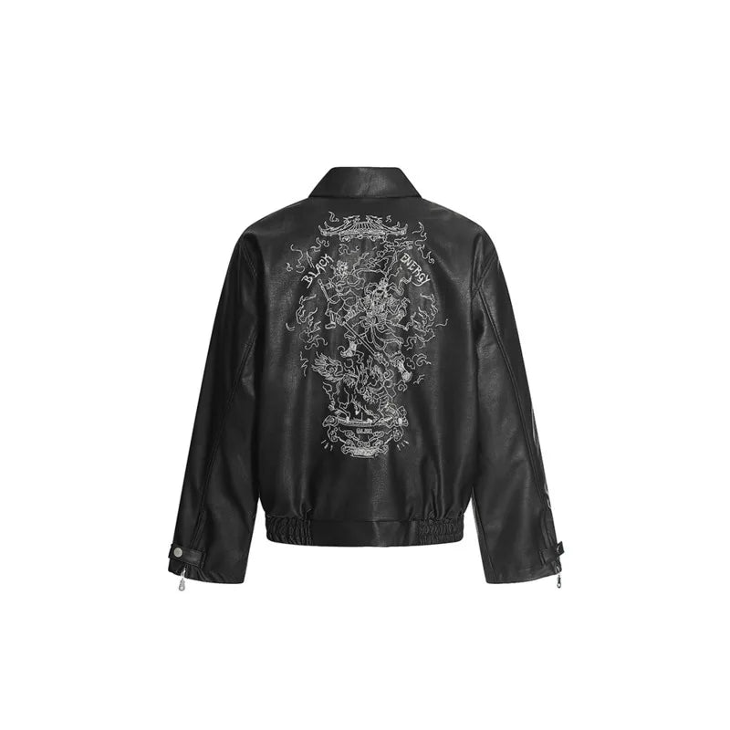 Niche Design PU Leather Jacket Lapel Letter Loose Coat - Man