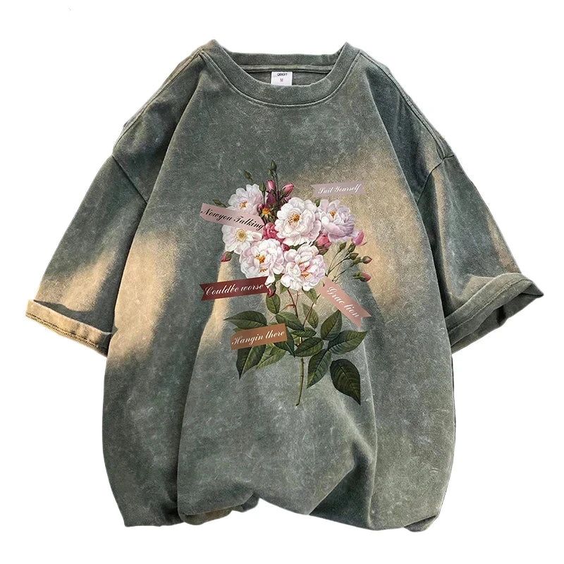 Vintage Flower Graphic T-Shirt – Gothic Men’s Washed Short Sleeve Tee