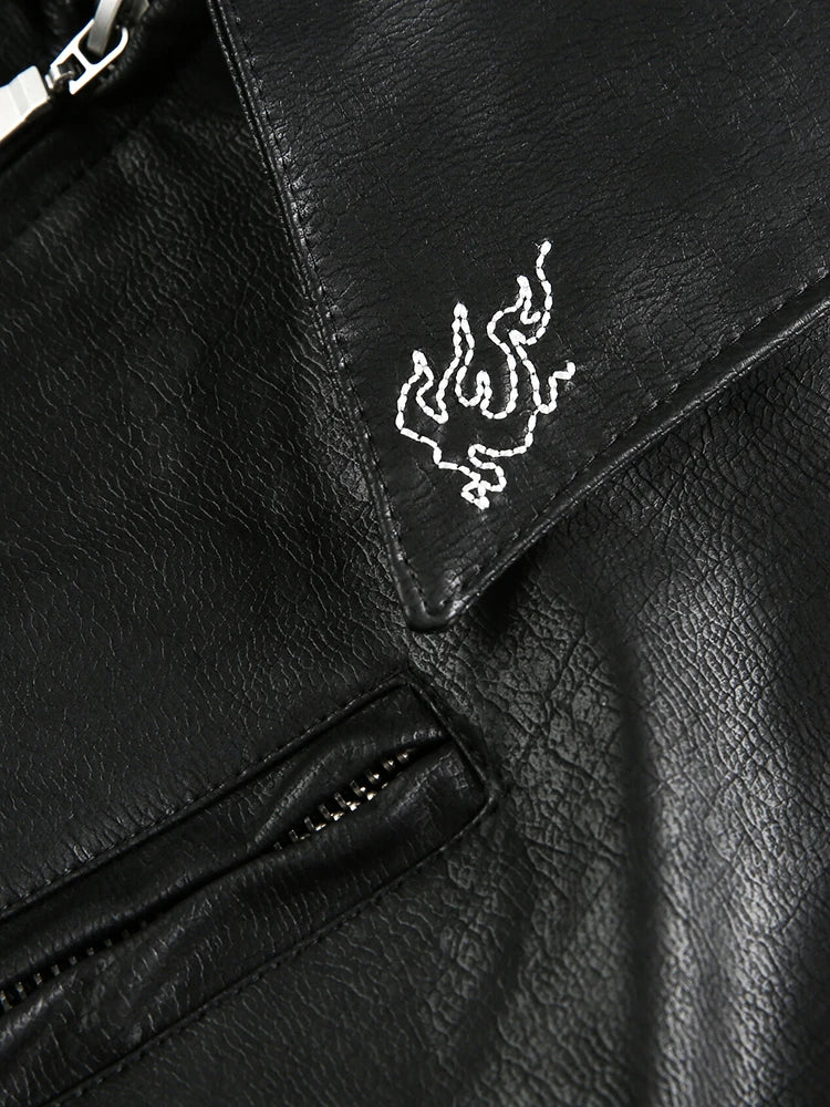 Niche Design PU Leather Jacket Lapel Letter Loose Coat - Man