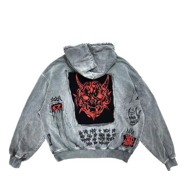 European & American Street Devil Print Hoodie – Unisex Harajuku EMO Loose Fit