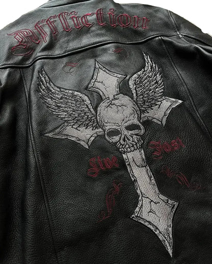 Y2K Skull Embroidered Street Hip Hop Jacket Loose PU Leather - Man