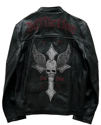 Y2K Skull Embroidered Street Hip Hop Jacket Loose PU Leather - Man