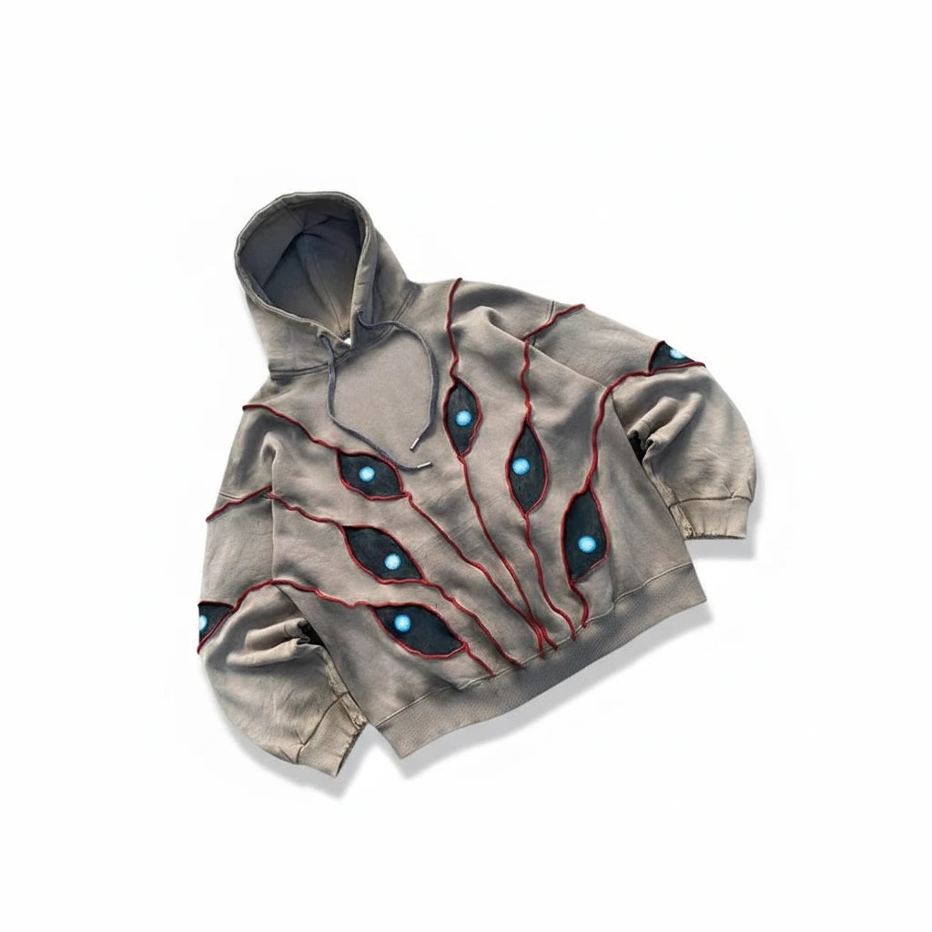 Street Spoof Dark Demon Eye Print Pants & Hoodie Set – Loose Warm Streetwear