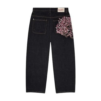Harajuku Goth Vintage Plum Blossom Embroidered Wide Leg Jeans
