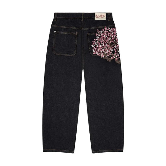 Y2K Harajuku Wide-Leg Jeans – Goth Vintage Plum Blossom Embroidery, Men & Women Streetwear Denim