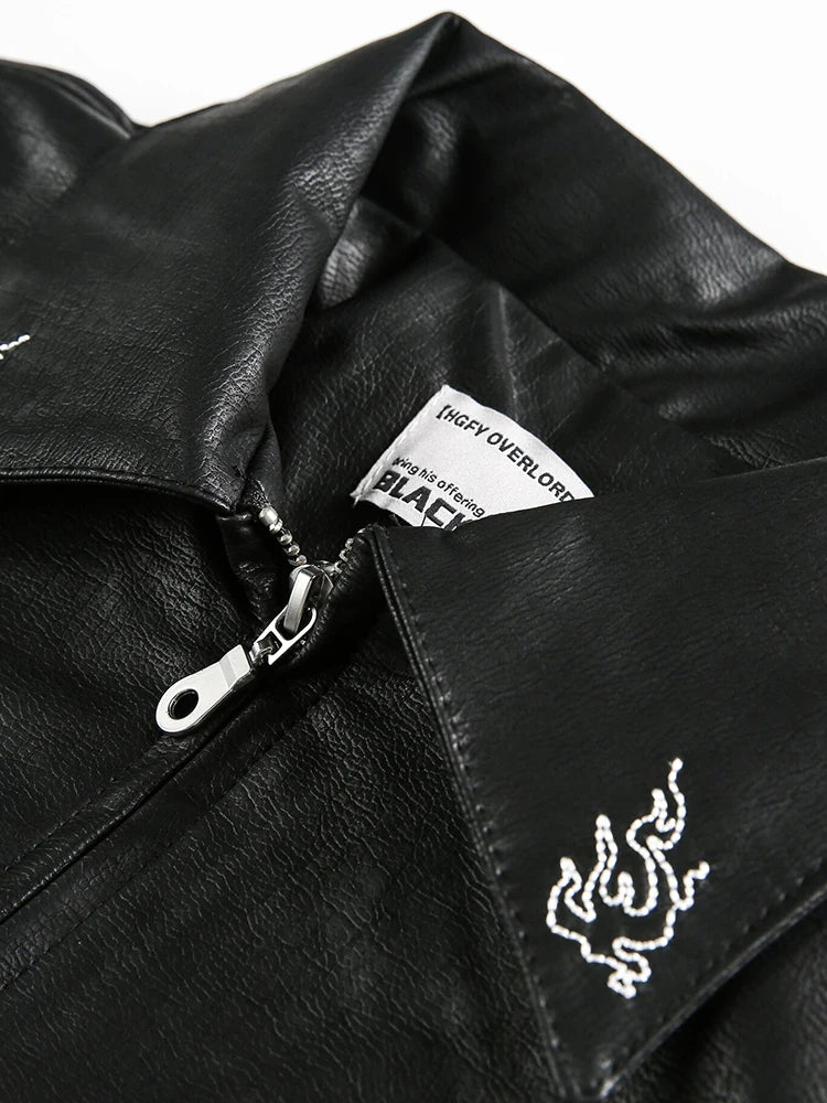 Niche Design PU Leather Jacket Lapel Letter Loose Coat - Man