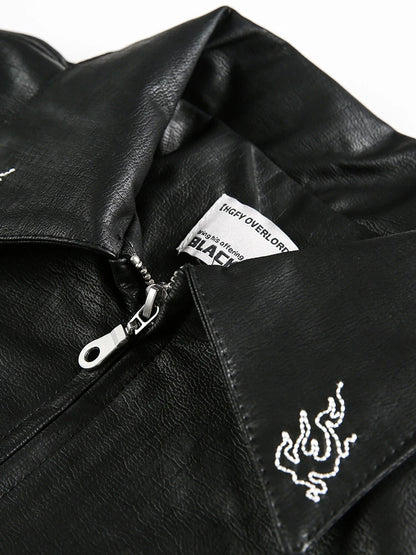 Niche Design PU Leather Jacket Lapel Letter Loose Coat - Man